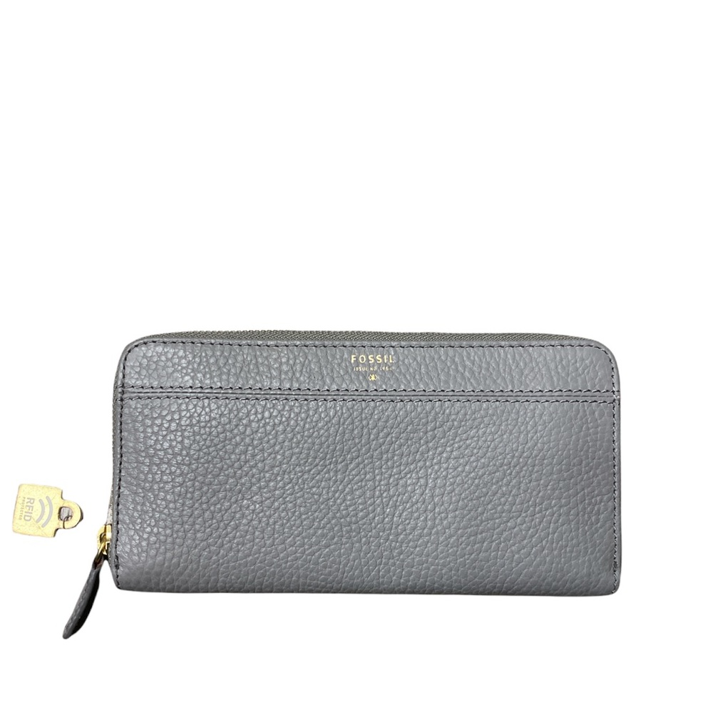 Fossil Sydney Grey Brass Zip Clutch Pebble Leather Wallet
